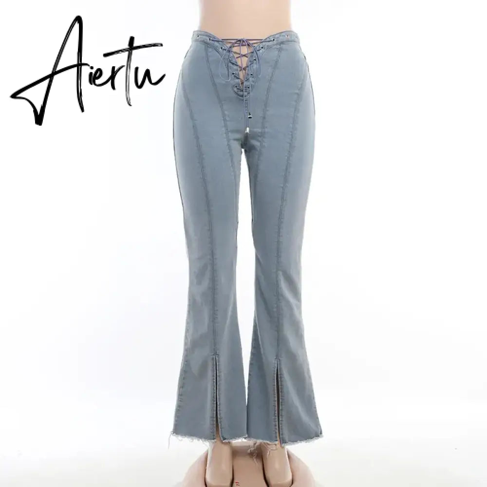 Sexy Cut Out Split Flare Jeans Women Low Rise Vintage Slim Denim Tousers 2023 Summer Harajuku Runway Clothes jeans woman Aiertu