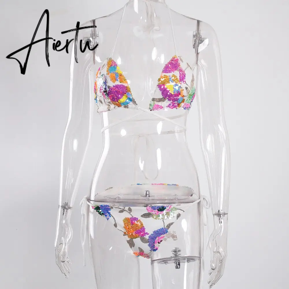 Sexy Floral Sequined White Bikinis Lace Up for Women Swimwear Aiertu