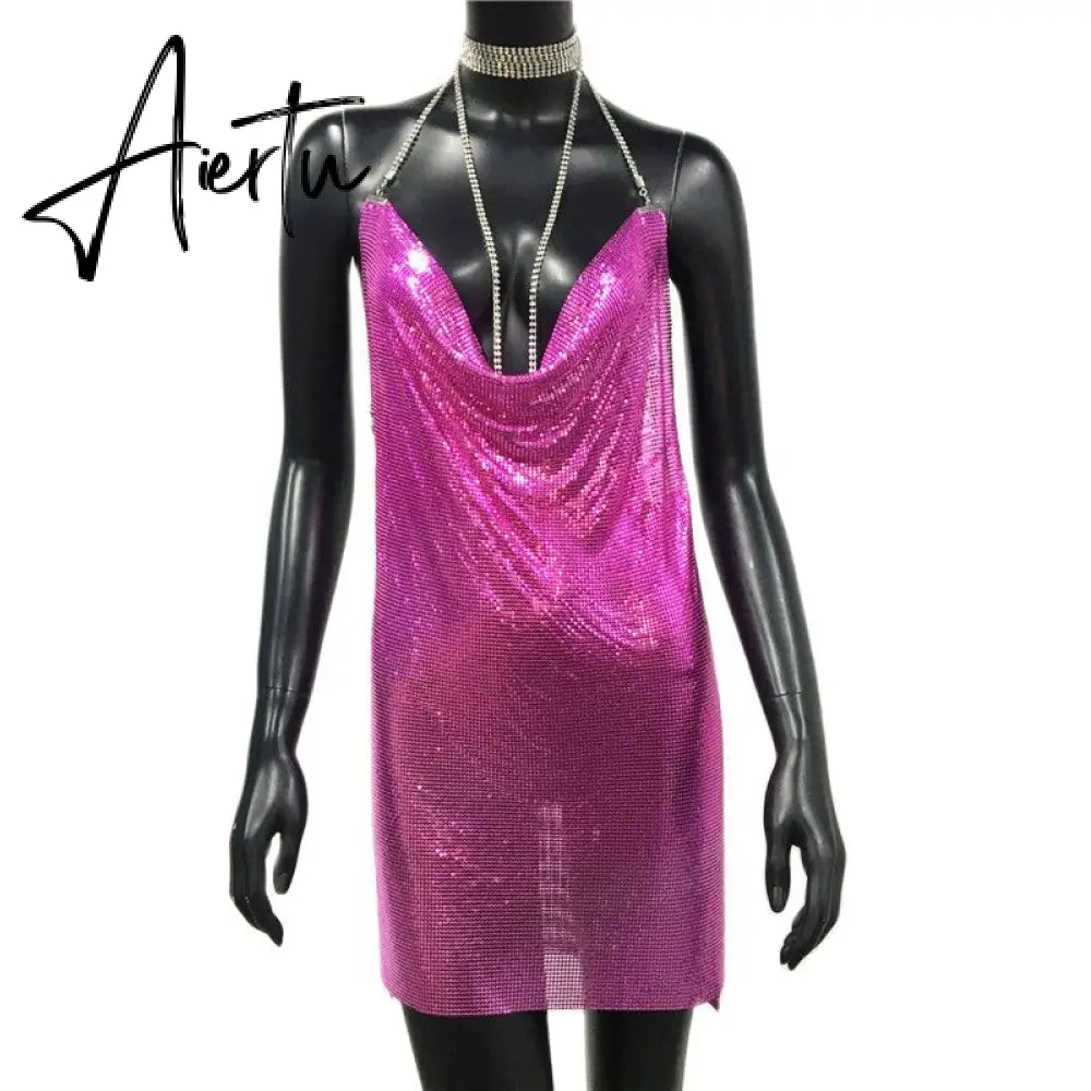 Sexy Gold Sequined Patchwork Mini Dress Women Sleeveless Low Cut Metal Chains Halter Slim Charming Nightclub Party Dresses Aiertu
