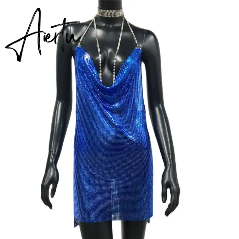 Sexy Gold Sequined Patchwork Mini Dress Women Sleeveless Low Cut Metal Chains Halter Slim Charming Nightclub Party Dresses Aiertu