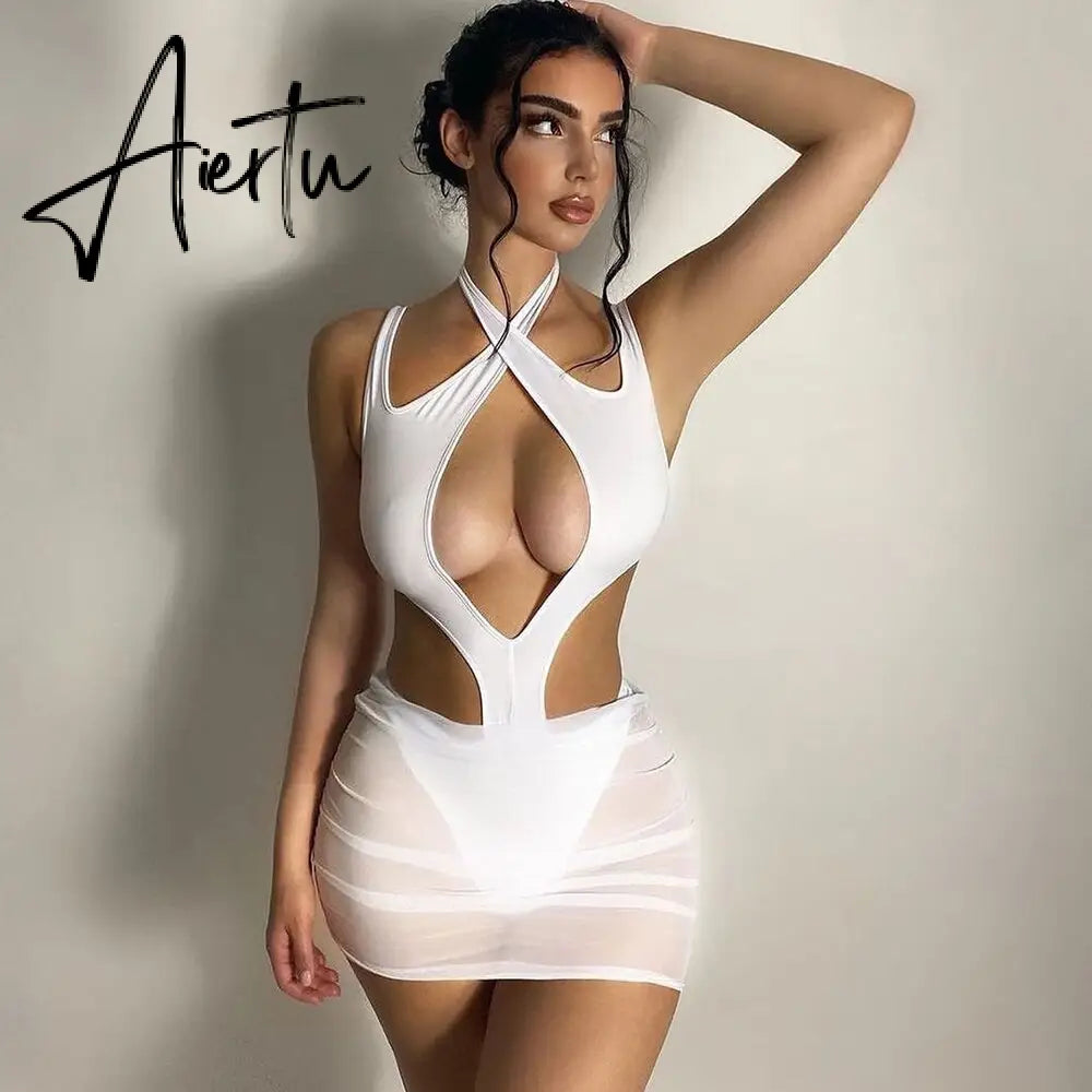 Sexy Halter Bandage Cut Out Bodysuits Dress Women Mesh Patchwork See Through Backless Dresses Summer Harajuku Party Outfits Aiertu