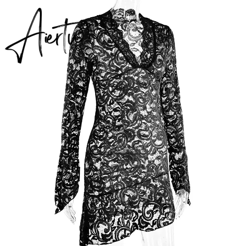 Sexy See Through V-neck Longsleeve Lace Mini Dress Women Summer Skinny Hollow Out Dresses Club Party Clothes Aiertu