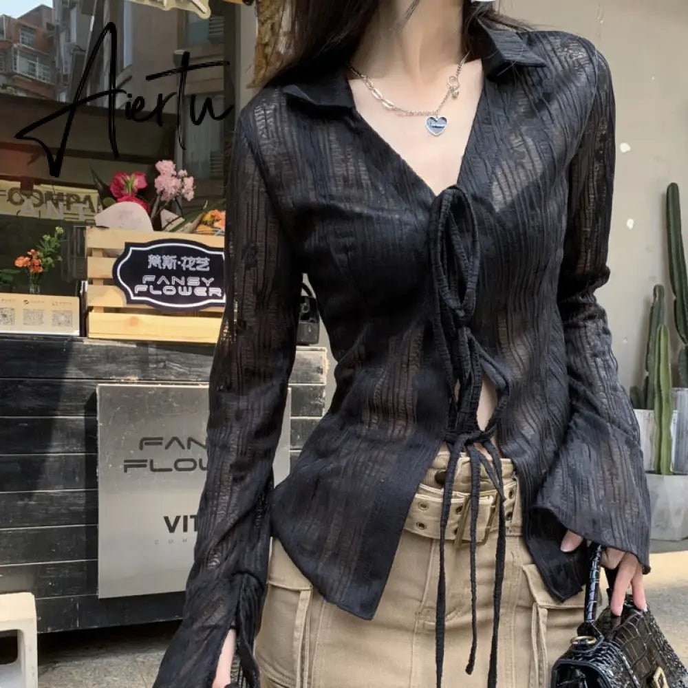 Sexy Transparent Blouse Women Lace Korean Fashion Harajuku Long Sleeve See Through Black Goth Slim Shirts Y2k Aesthetic Aiertu