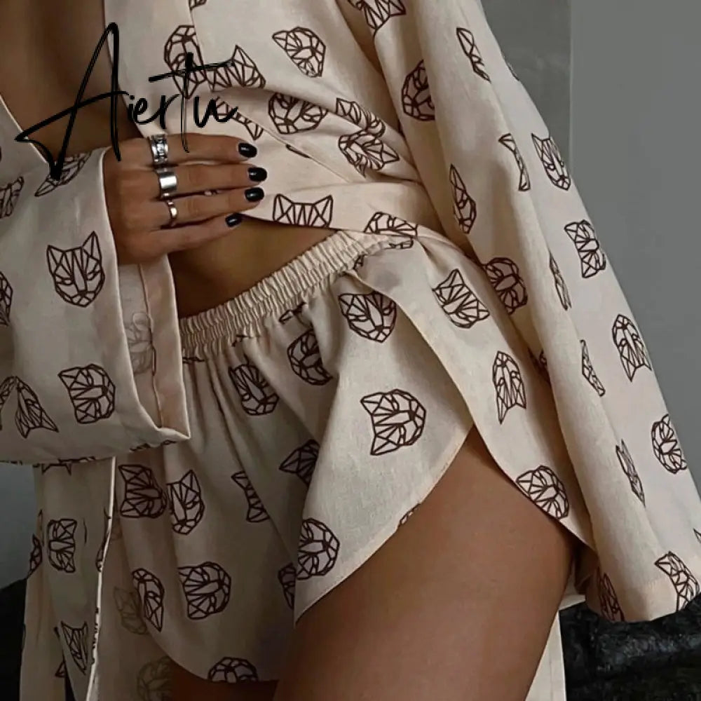 Shorts Set Homewear Fashion Loose Print 2 Piece Sets Womens Outfits Casual Lace Up Long Sleeve Robes With High Waist Pajama Aiertu