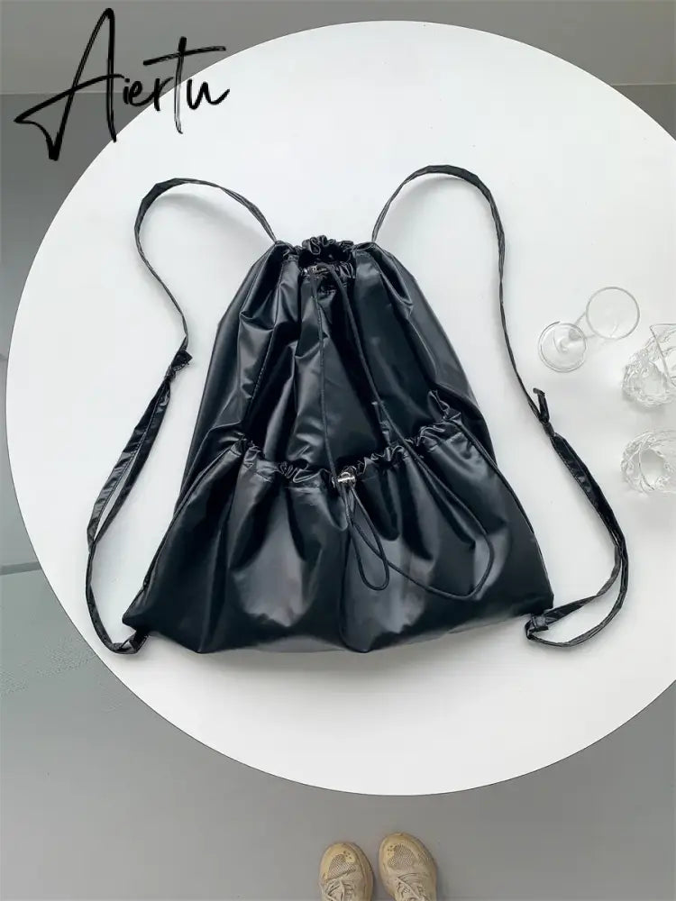 Silver Big Travel Drawstring Back Pack Leather Korean Fashion Backpack for Women School Bags for Teenagers Girls Aiertu