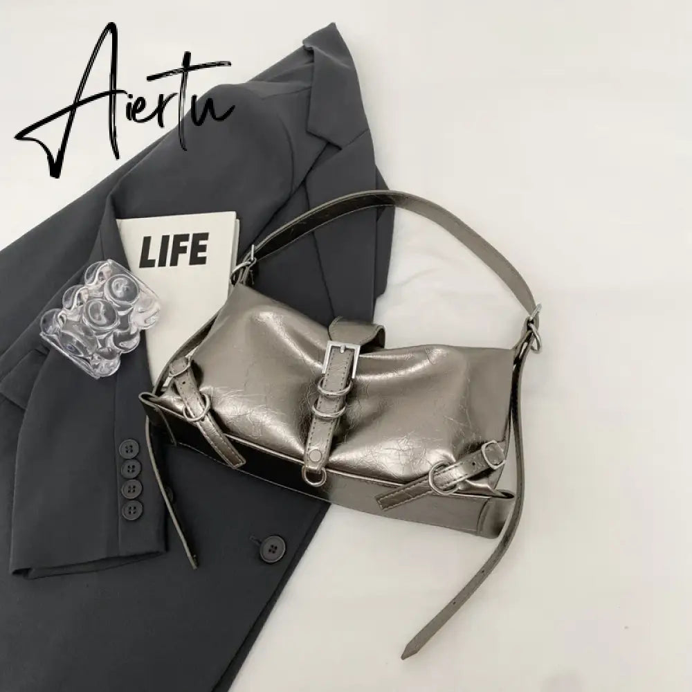 Silver Leather Crossbody Bags for Women Luxury Y2k Korean Fashion Underarm Shoulder Bag Female Armpit Bag Handbags Aiertu
