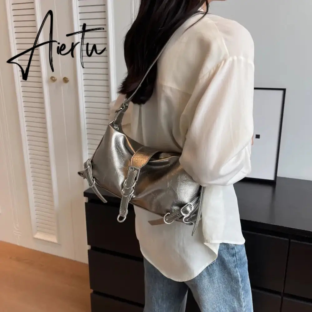 Silver Leather Crossbody Bags for Women Luxury Y2k Korean Fashion Underarm Shoulder Bag Female Armpit Bag Handbags Aiertu