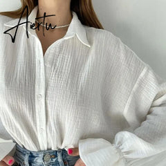 Sleep Top Summer Women Autumn Lapel Long Sleeve 100% Cotton Shirts Lady Elegant Chic Top Female Clothes Pajamas Aiertu