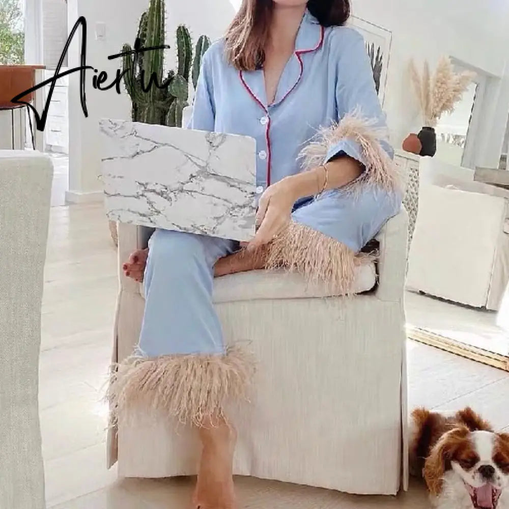 Sleepwear for Women New Cute Silk Cotton Light Luxury Ostrich Wool Pajamas Two-Piece Set Solid Color Home Suit Aiertu