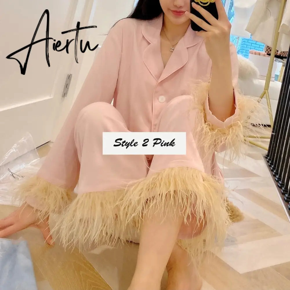 Sleepwear for Women New Cute Silk Cotton Light Luxury Ostrich Wool Pajamas Two-Piece Set Solid Color Home Suit Aiertu