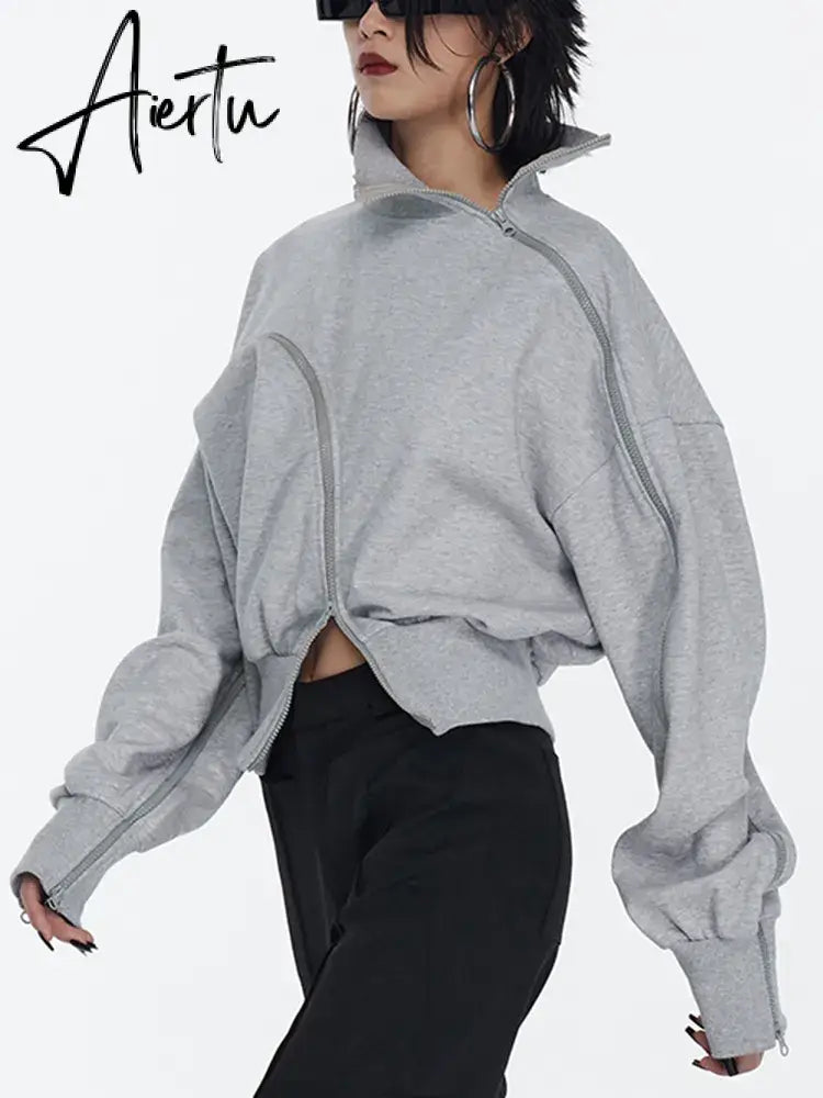 Solid Patchwork Zipper Streetwear Sweatshirts For Women Tuntleneck Long Sleeve Pullover Sweatshirt Female Fahion Aiertu