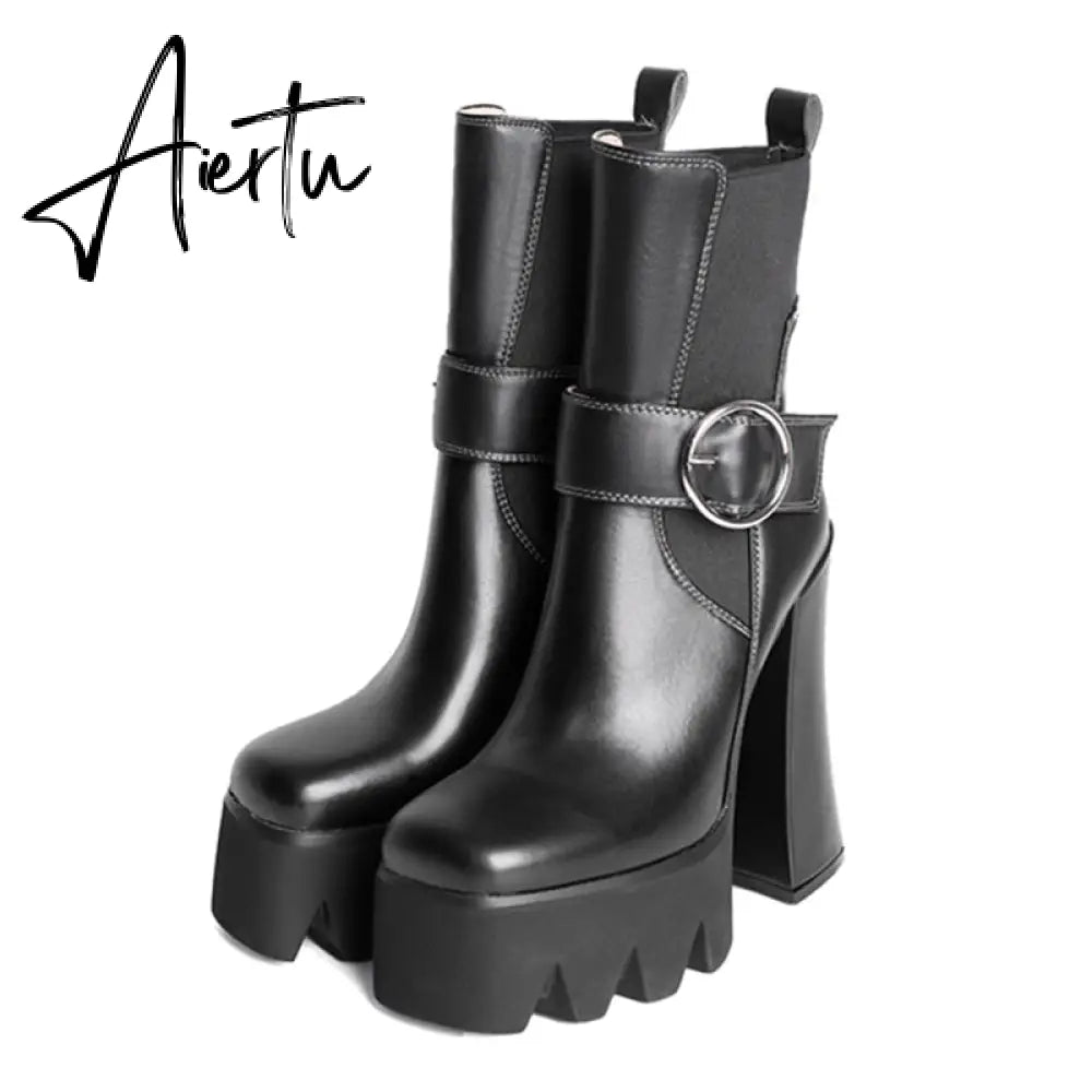 Spring and Autumn New Thick Heel Waterproof Platform Square Toe Short Boots Green Fashion Women's Boots Genuine Leather Aiertu