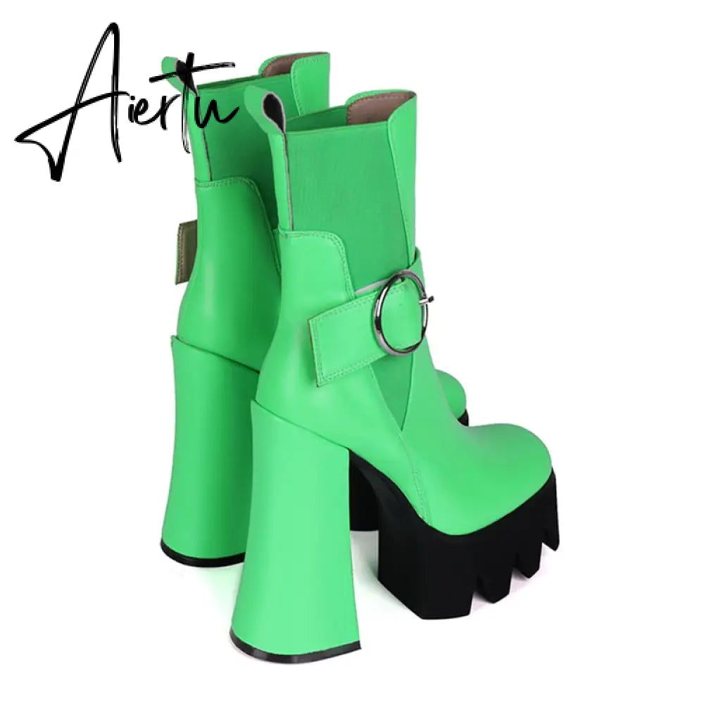 Spring and Autumn New Thick Heel Waterproof Platform Square Toe Short Boots Green Fashion Women's Boots Genuine Leather Aiertu