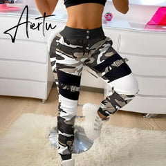 Spring Autumn Cargo Pants Casual Elastic Buckle Camouflage Sweatpant Overall Women Patchwork High Waist Trousers Streetwear Aiertu