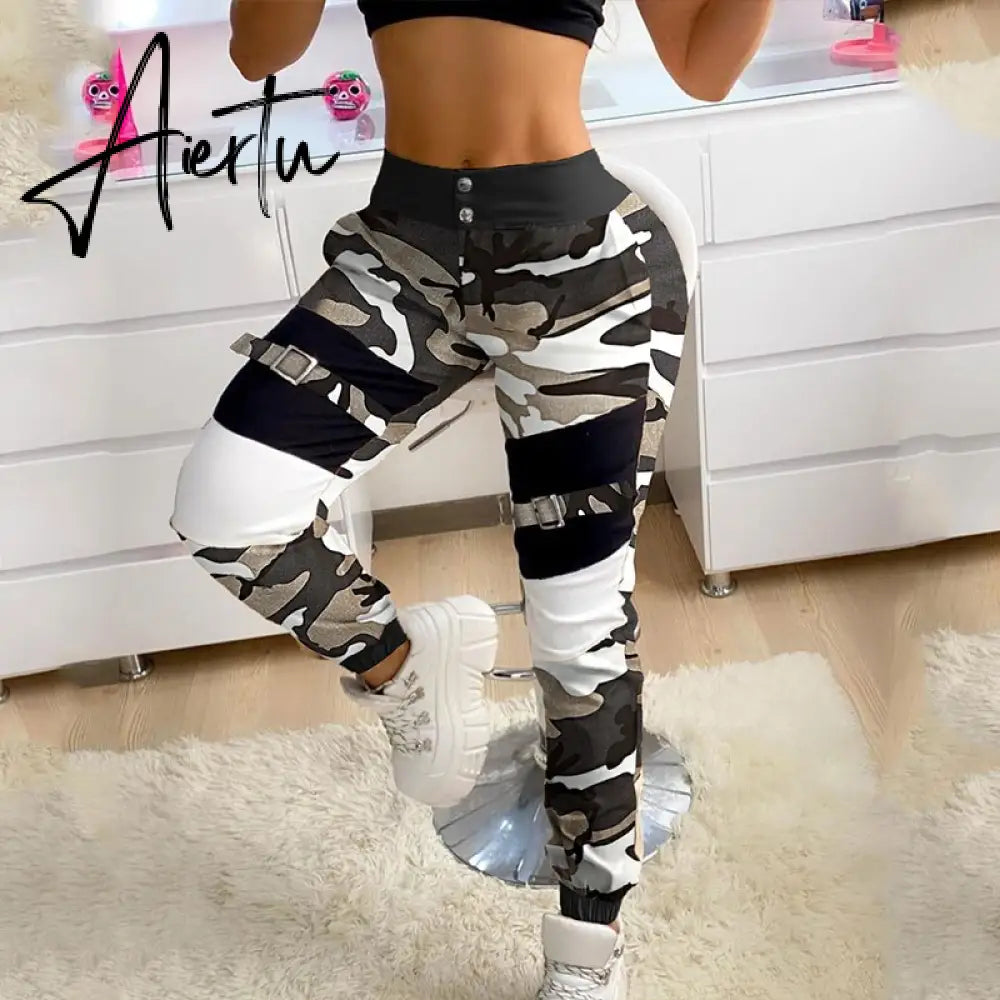 Spring Autumn Cargo Pants Casual Elastic Buckle Camouflage Sweatpant Overall Women Patchwork High Waist Trousers Streetwear Aiertu