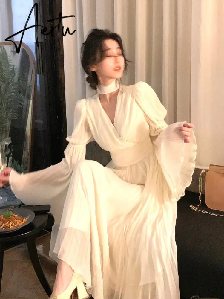 Spring Elegant V-Neck Midi Dress Office Lady Long Sleeve Casual One Piece Dress Korean French Vintage Chiffon Dress Women Aiertu