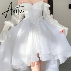 Spring Elegant White Off Shoulder Fairy Dress Chic Princess Puff Dress Mesh Puff Dress Wedding Party Porm Dress Aiertu