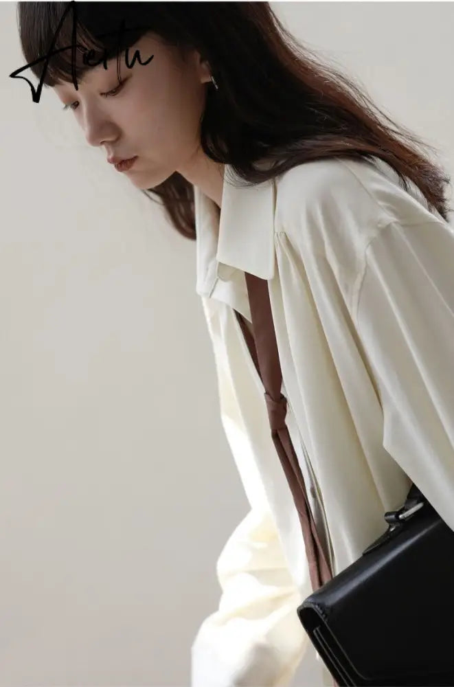 Spring Minimalist Long Sleeve Button Up Shirt Women Korean Style Solid Tie Oversize Shirts Blouse Loose Clothes Tops Aiertu