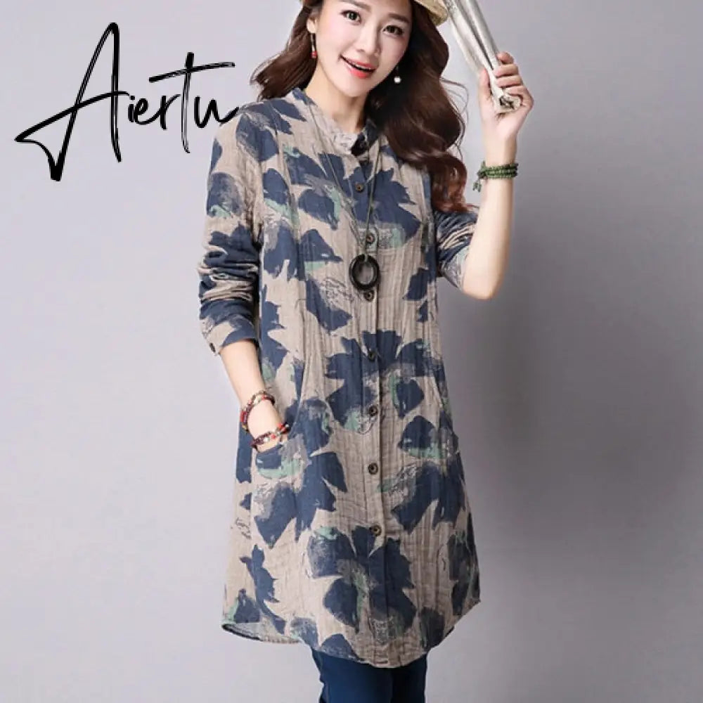 Spring New Fashion Floral Print Cotton Linen Blouses Casual Long Sleeve Shirt Women  Top With Pockets Aiertu