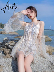 Spring New Organza Embroidered Super Fairy Holiday Beach Jumpsuit Women Fashion Flare Sleeve Ruffles Wide Leg Rompers Bodysuit Aiertu