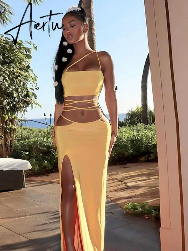 Strapless Crop Top and Long Dress Two Piece Set Yellow Women Summer Outfits Slit Party Club Vacation Beach Maxi Dress Aiertu