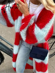 Stripe Women Knit Splice Cardigans Loose Autumn Winter Vintage Full Sleeve Long Coat Ladies Casual Street Jacket Knitwear Aiertu