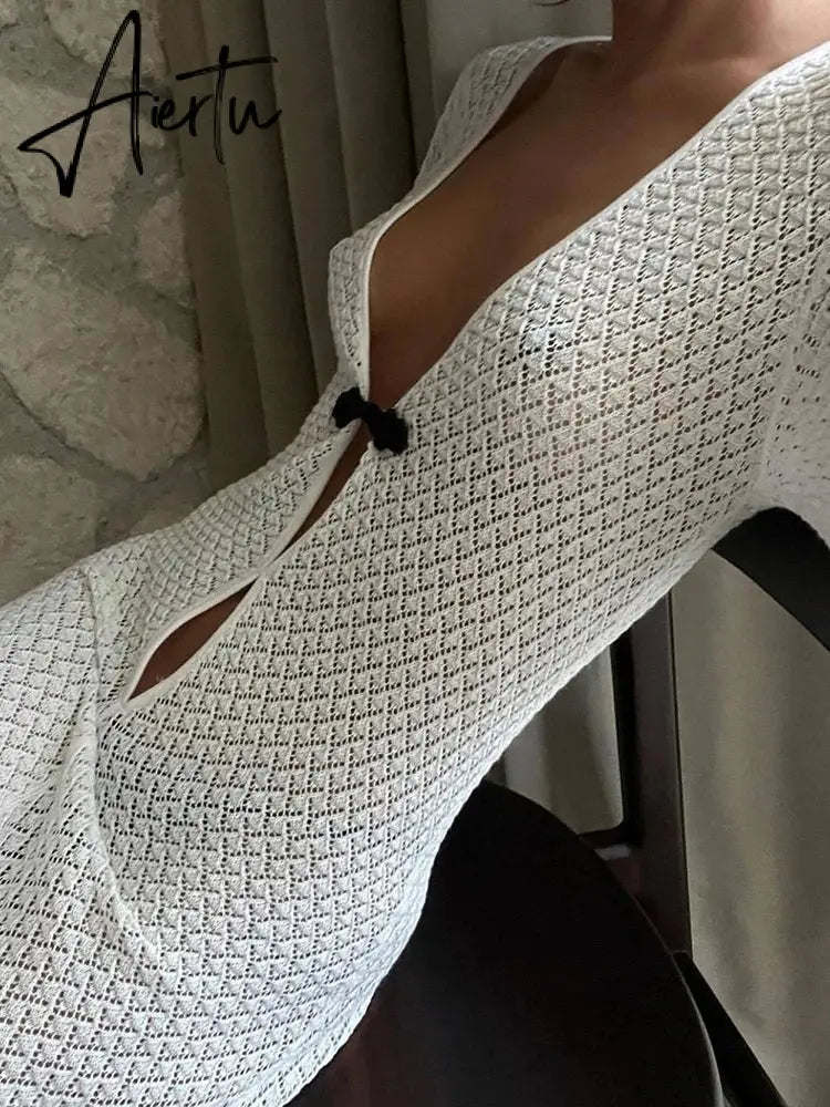 Summer Beach Holiday Knitted Maxi Dress Outfits for Women Party Club Long Sleeve See Through Dresses Hollow Out Aiertu