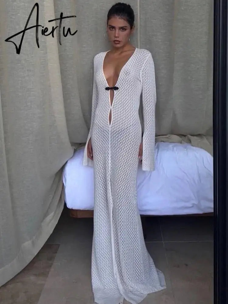 Summer Beach Holiday Knitted Maxi Dress Outfits for Women Party Club Long Sleeve See Through Dresses Hollow Out Aiertu