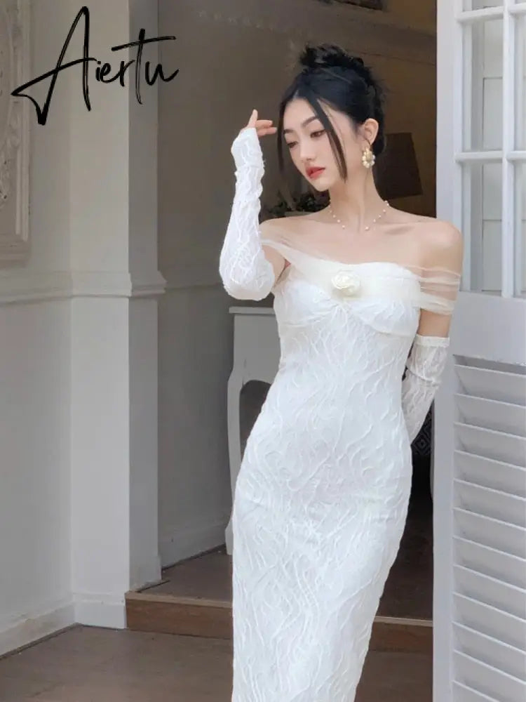 Summer Elegant Vintage White Dress Women Chic One Piece Dress Korean Casual Long Sleeve Beach Party Midi Dress Office Lady Aiertu