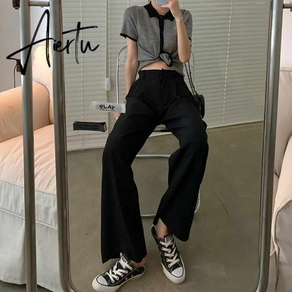 Summer Loose Casual Long Women Fashion Thin High Waist Pants Black Simple Wide-leg Pants Trousers Korean Aiertu