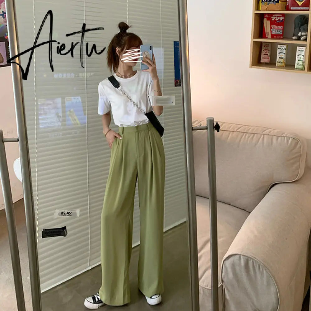 Summer Loose Casual Long Women Fashion Thin High Waist Pants Black Simple Wide-leg Pants Trousers Korean Aiertu