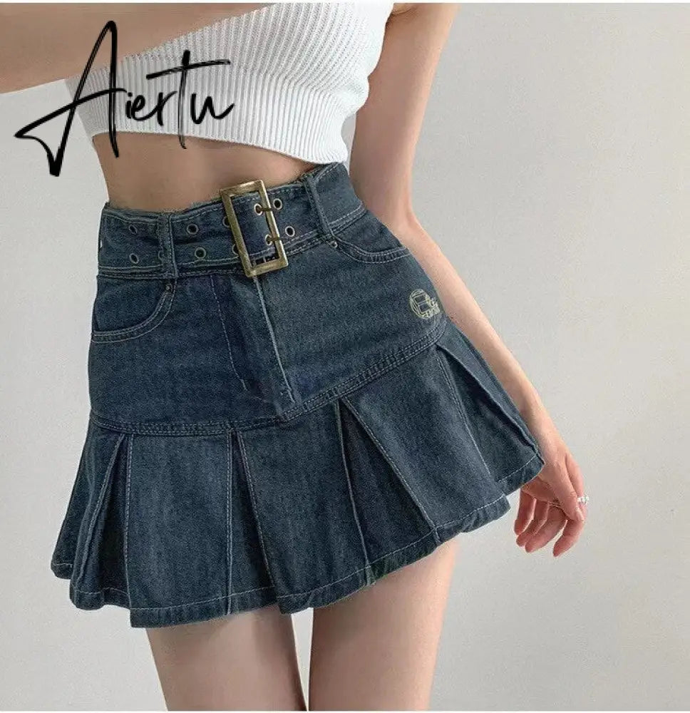 Summer New Denim Short Skirt Women Retro Sexy High Waist A-line Pleated Skirt Ladies Korean Fashion Hot Girl Style Skirt Aiertu