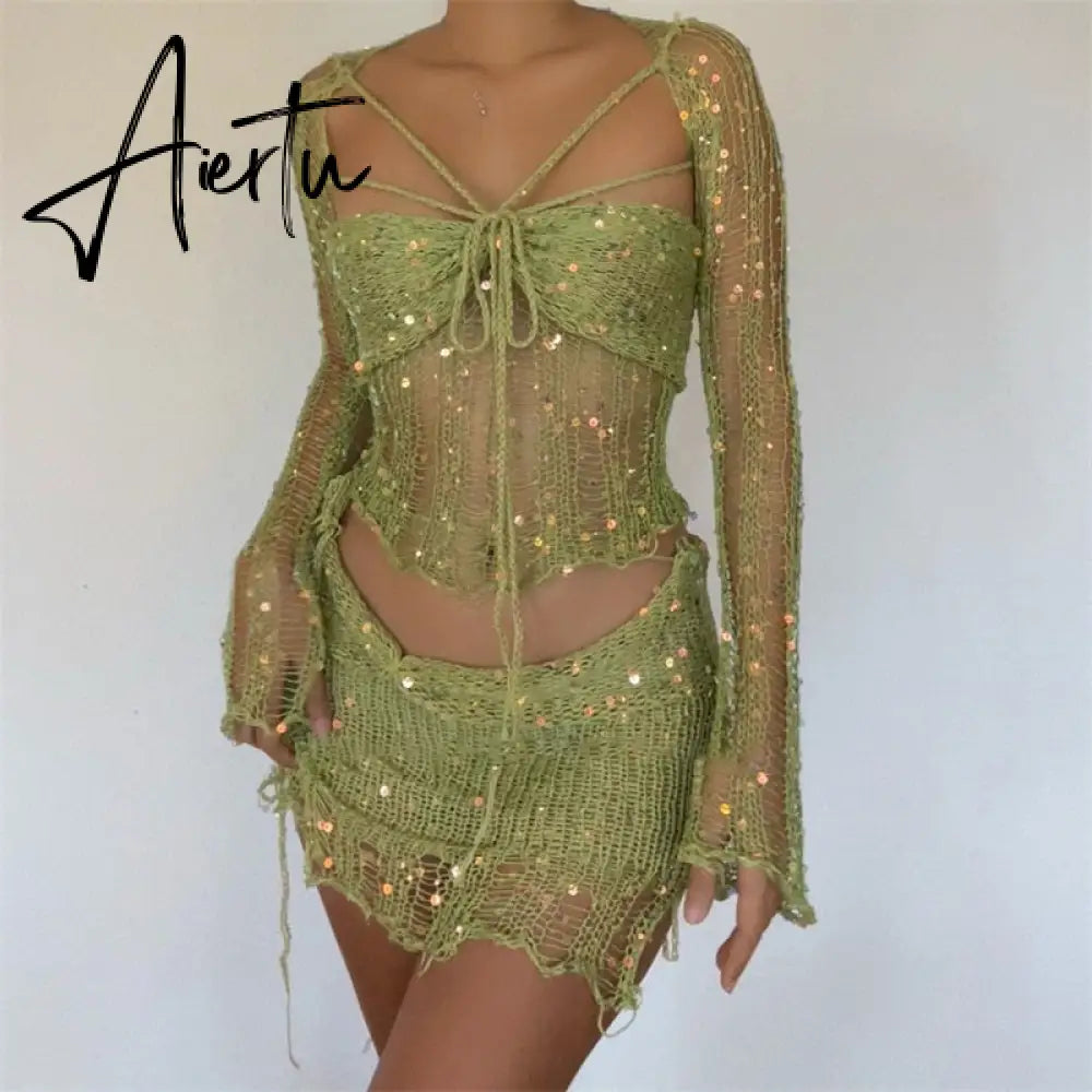 Summer New Women's Beaded Knitted Sweater 4-piece Set Women Cardigan Y2k Gothic Clothes Cardigan Crop Top Aiertu