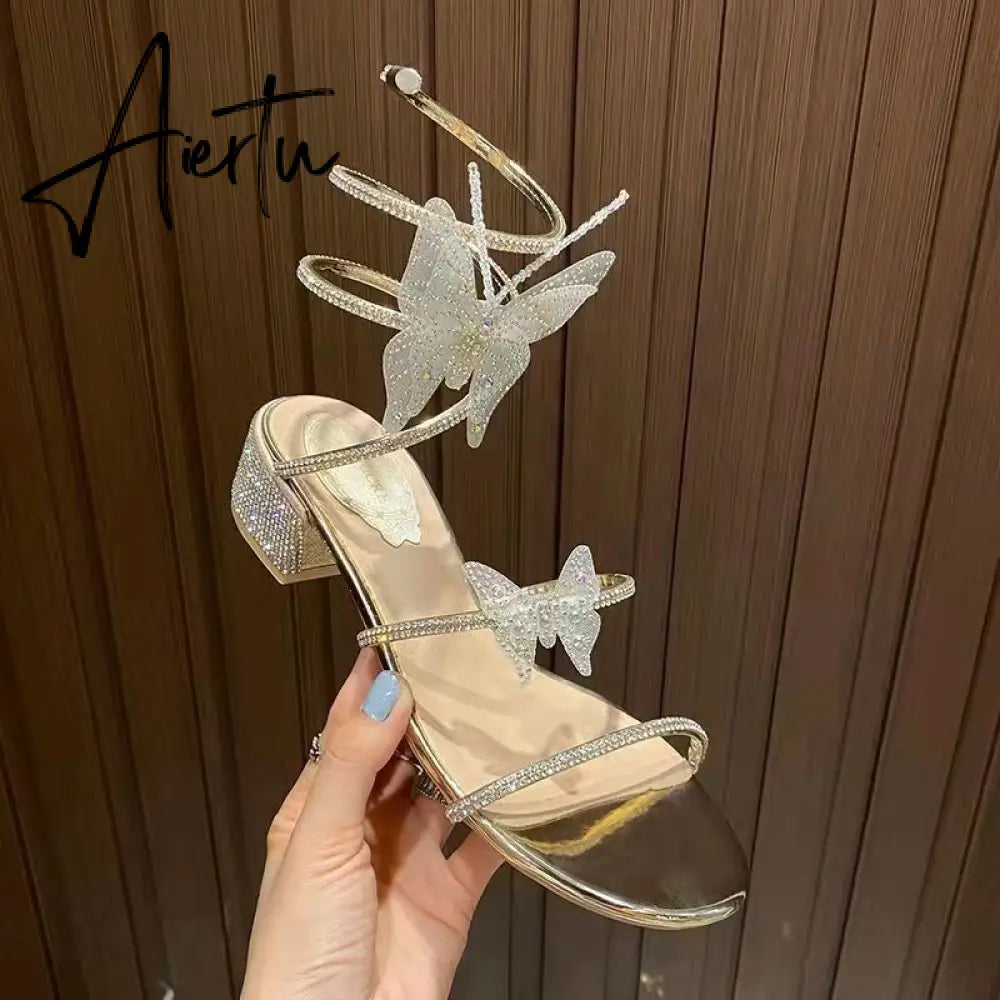 Summer New Women's Sandals Fashion Luxury Rhinestone Butterfly Snake Surround Chunky Heel Banquet Shoes Aiertu
