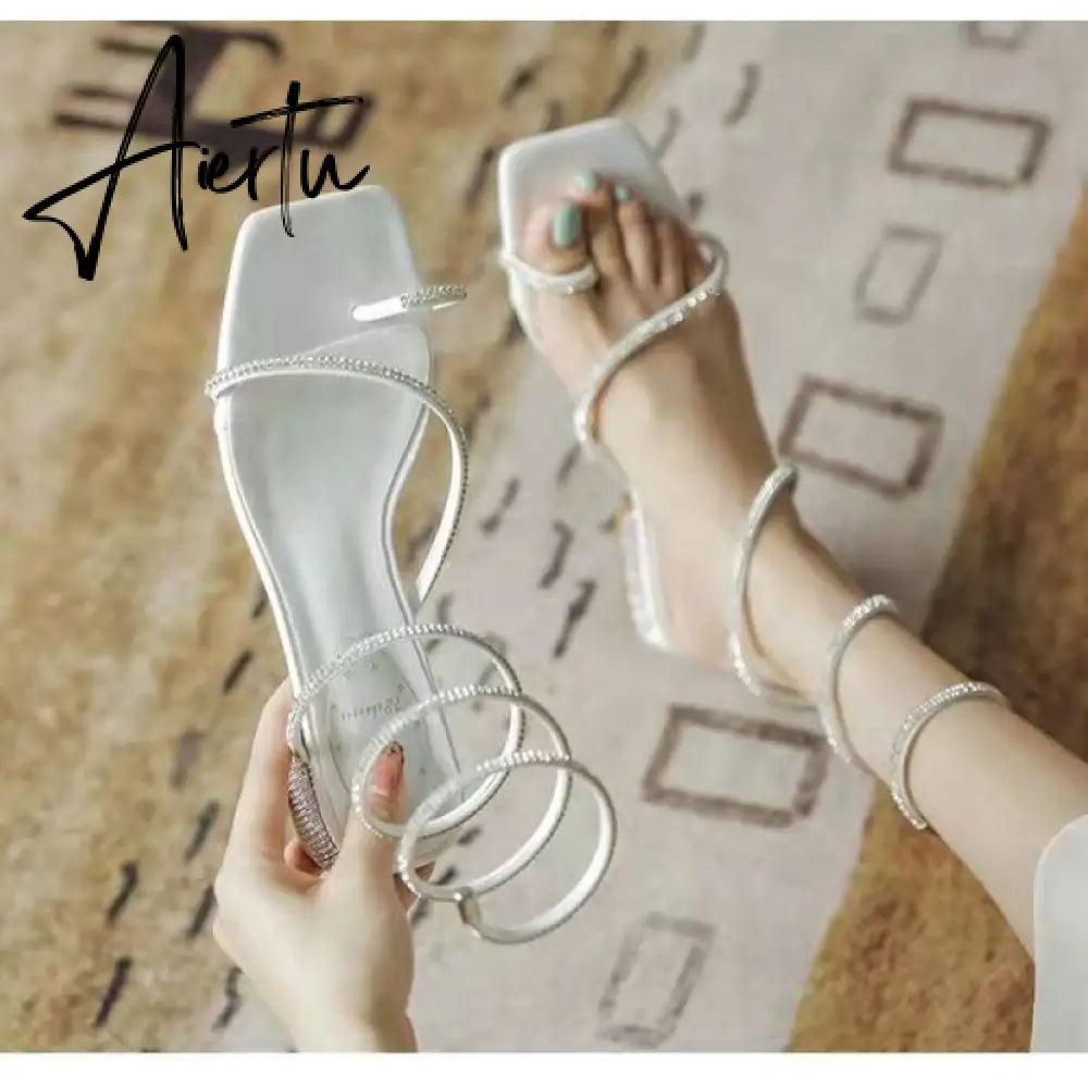Summer New Women's Sandals Fashion Luxury Rhinestone Butterfly Snake Surround Chunky Heel Banquet Shoes Aiertu