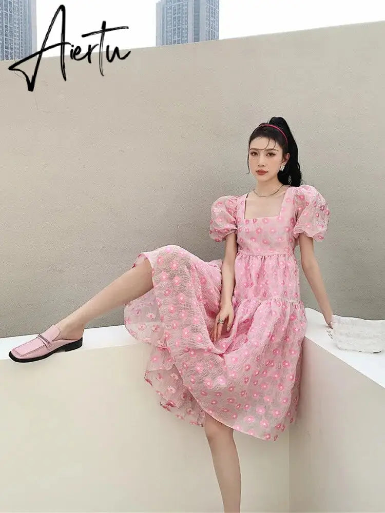 Summer Pink Elegant Sweet Dress Women Kawaii Casual Korean Princess Dress Female Princess Beach Fairy Dress Aiertu