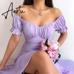 Summer's New Solid-colored Simple One-word Shoulder-length Skirt Summer Slash Neck  Puff Sleeve  Dresses for Women Aiertu