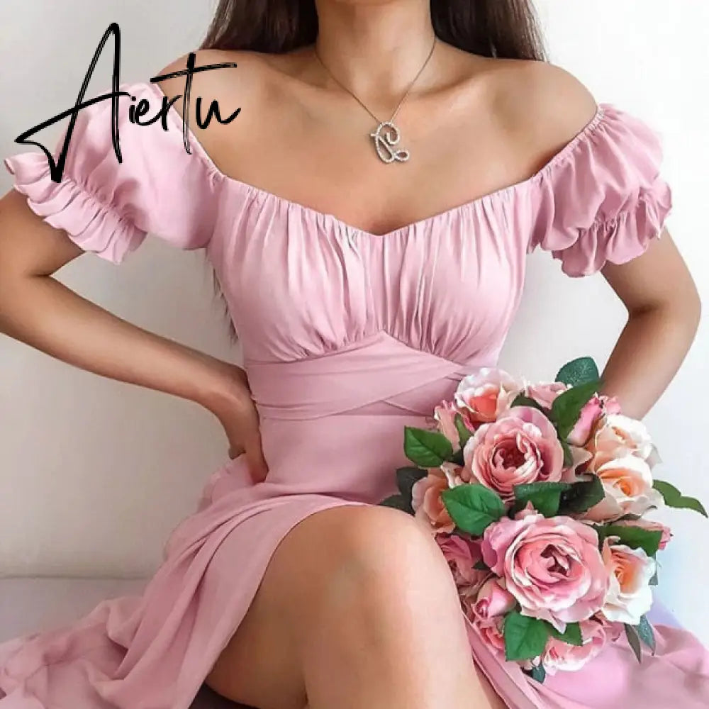 Summer's New Solid-colored Simple One-word Shoulder-length Skirt Summer Slash Neck  Puff Sleeve  Dresses for Women Aiertu