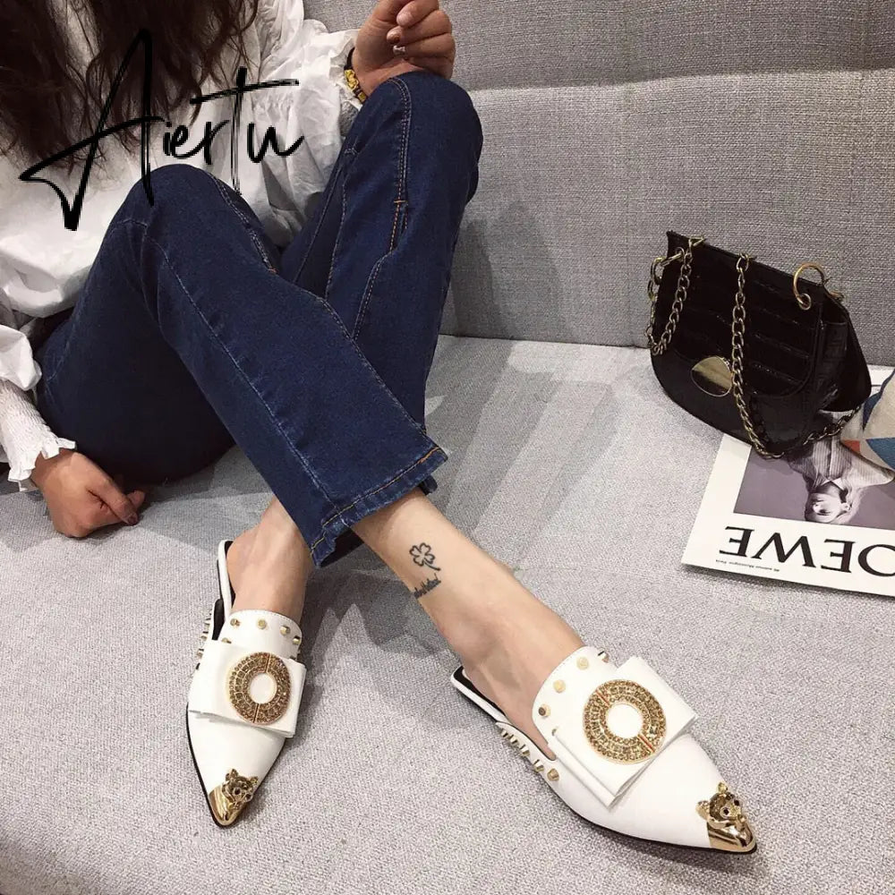 Summer Slippers for Women Luxury Shoes Mule Slippers Slip-on Loafer Slide Ladies Falts Pointed Toe Designer Shoes Fashion Pumps Aiertu