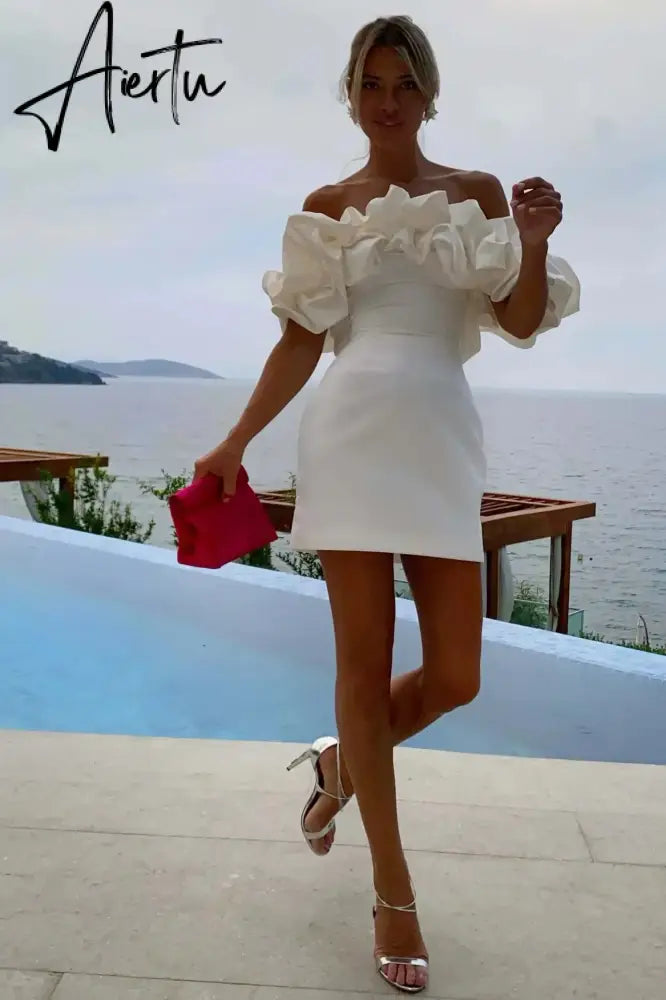 Summer White Ruffle Bodycon Party Dress Dress Elegant Off The Shoulder Wedding Guest Dress Mini Celebrity Even Dress Aiertu