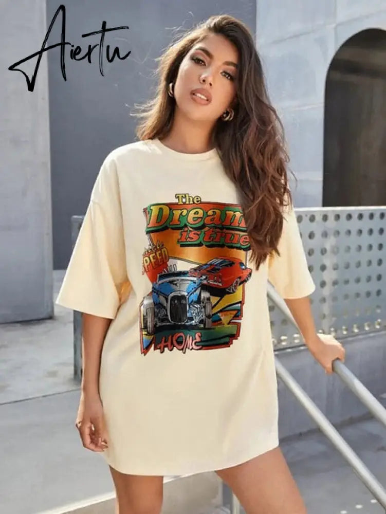 sunfiz YF DreamCar T Shirt Casual Short Sleeve Black T-shirts Cute Tees Long Graphic Tops Womens Tees Tops Female Summer Tees Aiertu
