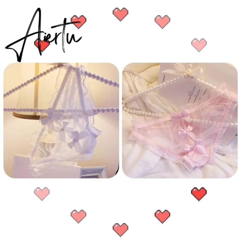Sweet Underwear Lolita Style Japanese Sexy Transparent Bow Seamless Thong Panties For Women Girls See Through Panty Cute Thing Aiertu