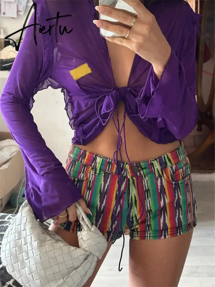 Tie-Dye Print Ruffle Trim Tie-Up Cardigans Women Long Sleeve Shirts Spring Summer V-Neck Swimsuit Cover-Up Tops Aiertu
