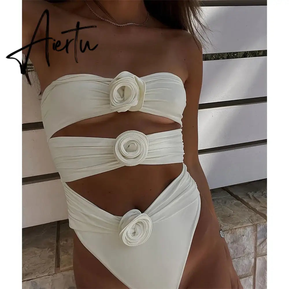 Two-Pieces Women Floral Lace Up  Push-Up Padded Bra White Swimsuit Swimwear Bathing Suit Beachwear Monokini Female Aiertu