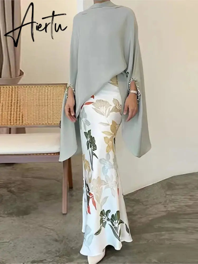 V-Neck Batwing Sleeve Top Midi Skirt Suit Fashion Elegant Floral Printed Women Outfits Office Lady Chic Two Pieces Set Aiertu