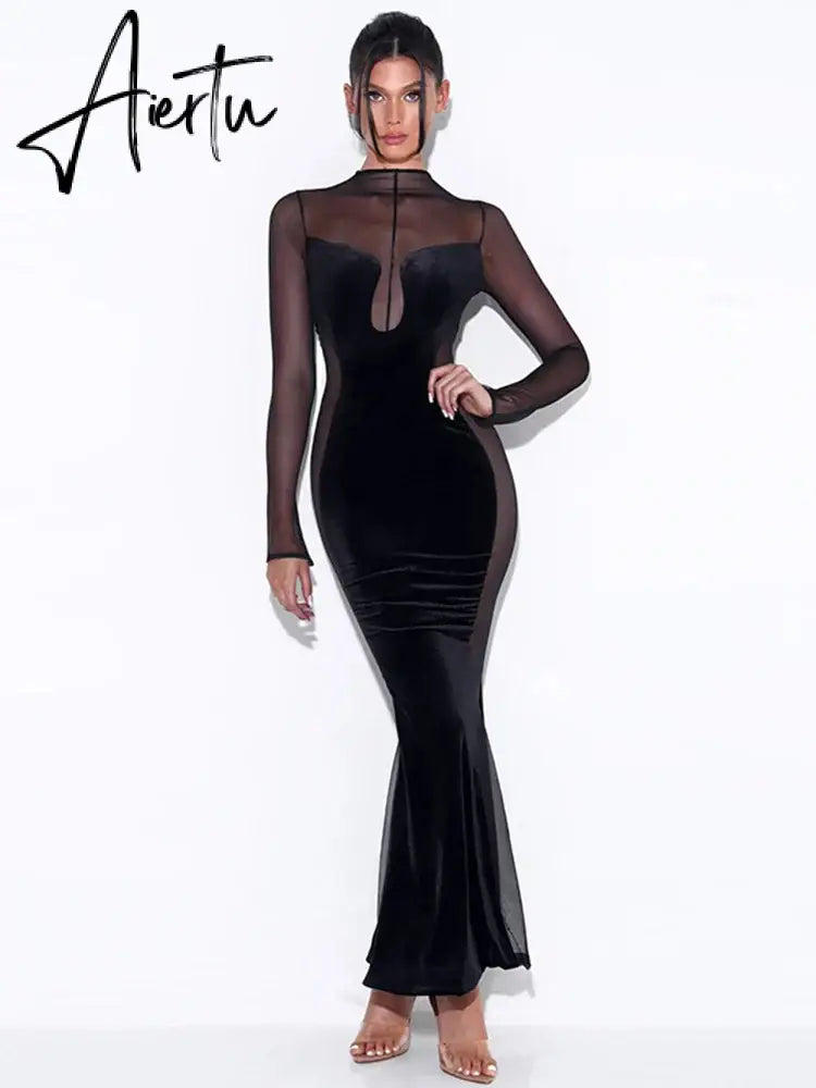 Velvet Mesh Sheer Long Sleeve Sexy Gown Maxi Dress for Women Fashion Outfits Backless Dresses Party Club Clothes Aiertu