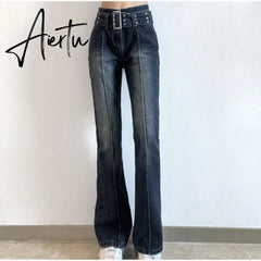 Vintage black low rise striped flare denim pants mall goth indie aesthetic pockets patchwork jeans women y2k wide leg trousers Aiertu