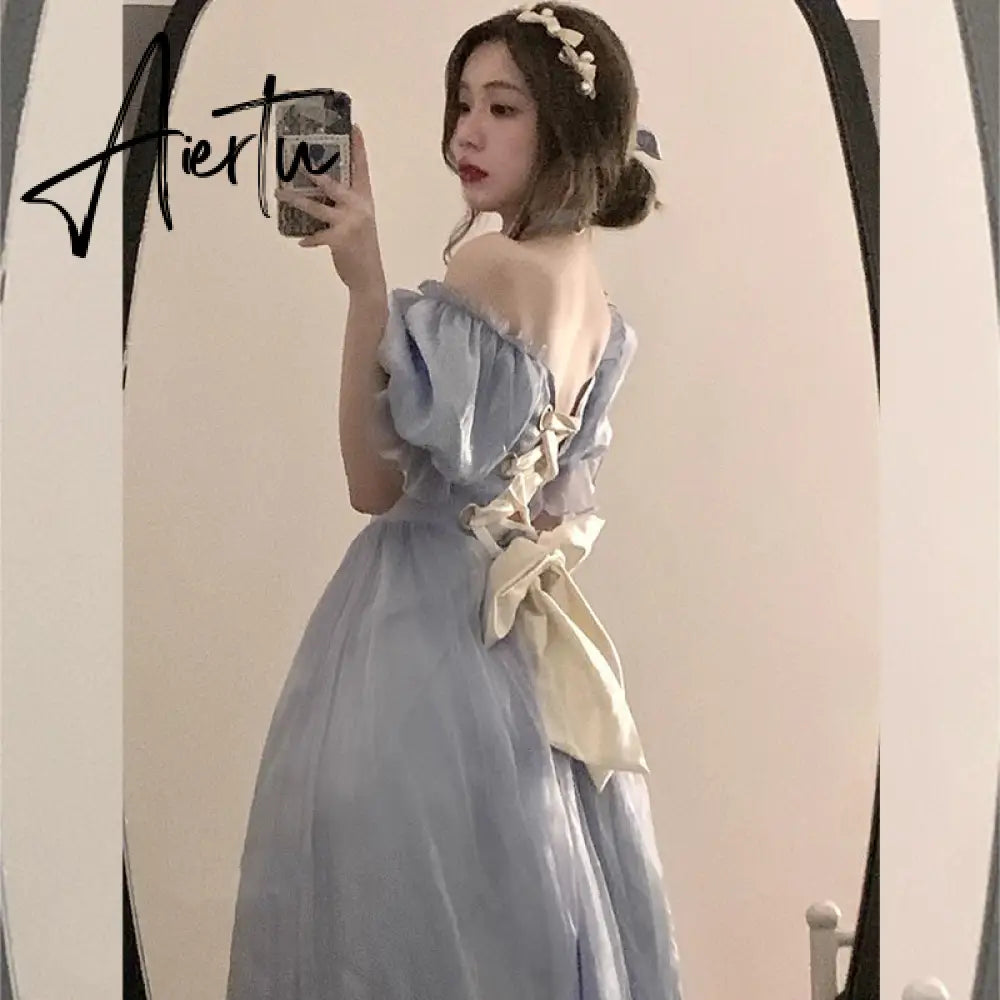 Vintage Elegant Midi Dresses Women Spring Blue Patchwork Retro Evening Party Dress French Sweet Korean Princess Fairy Dress Aiertu