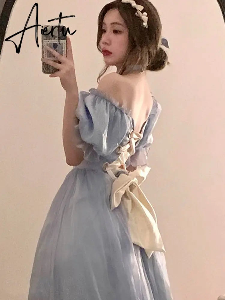 Vintage Elegant Midi Dresses Women Spring Blue Patchwork Retro Evening Party Dress French Sweet Korean Princess Fairy Dress Aiertu
