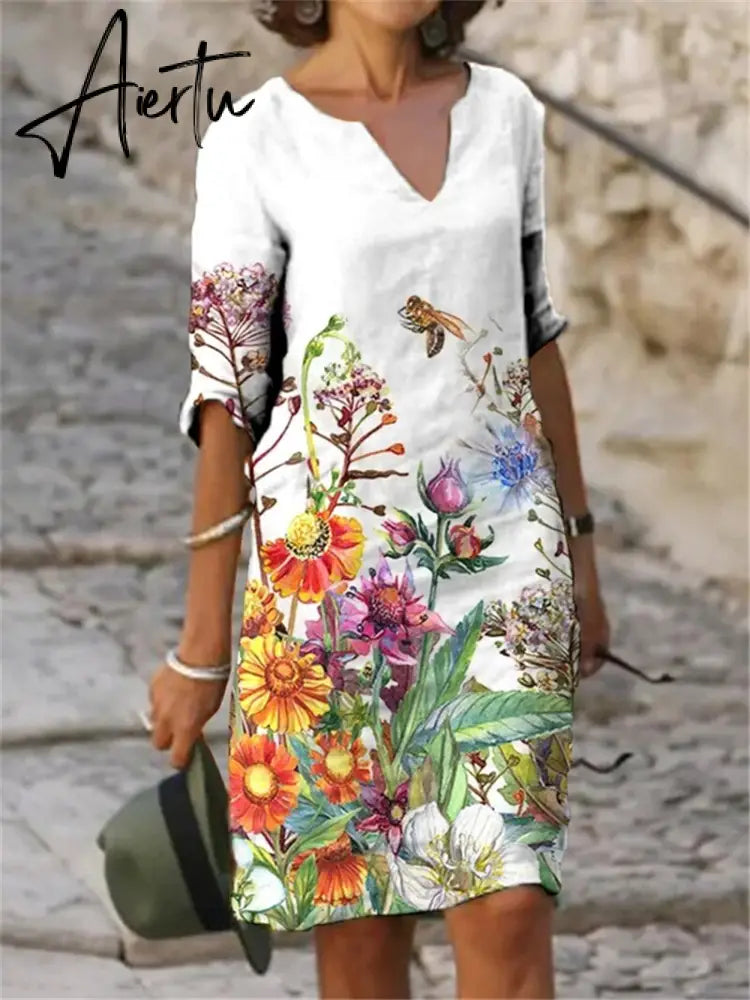 Vintage Floral Printing Women Dress Summer V-Neck Half Sleeve A-Line Dresses Fashion Casual Loose Dresses Plus Size Vestidos Aiertu